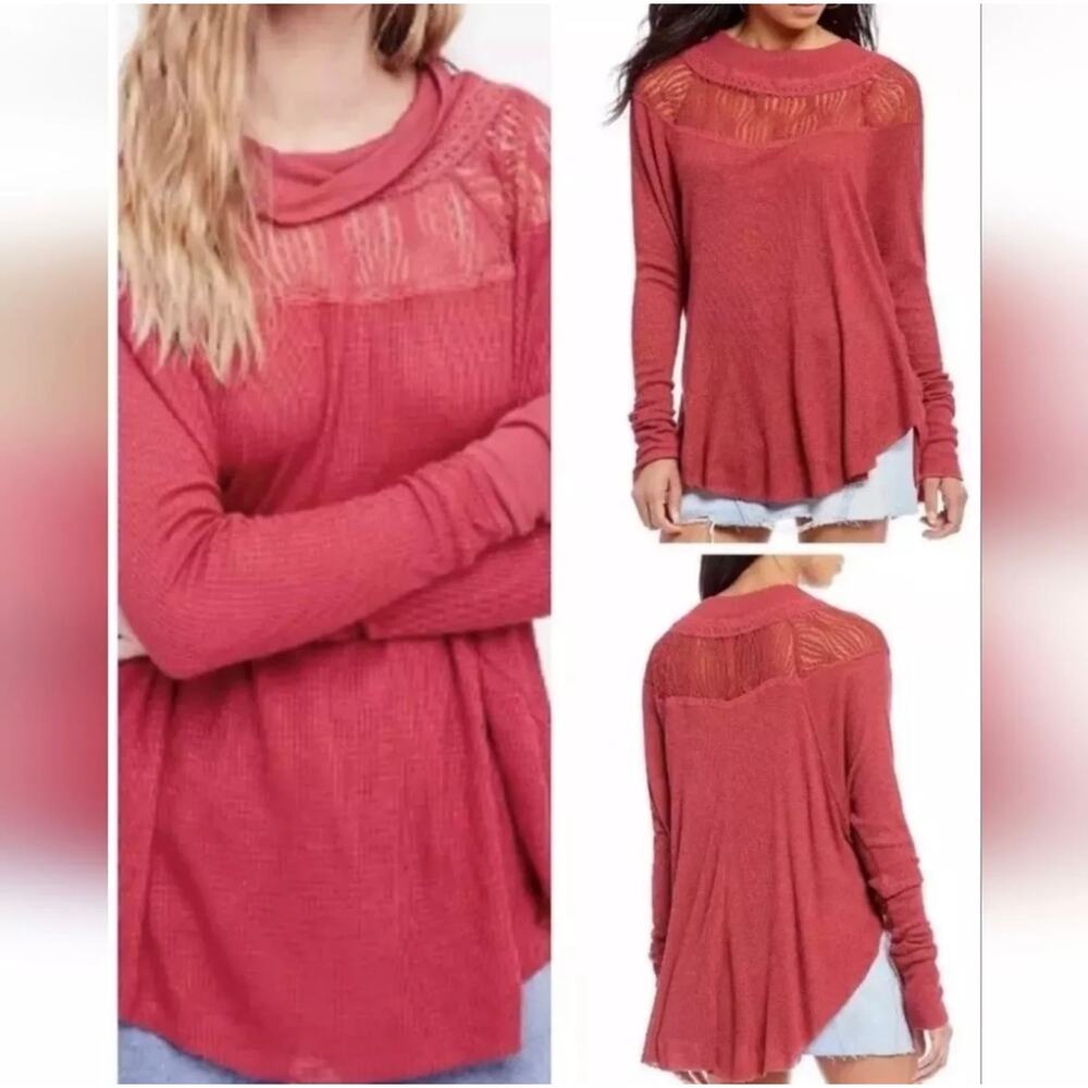 Free People women's red spring valley lace inset Long Sleeve Hi-Lo Top XS